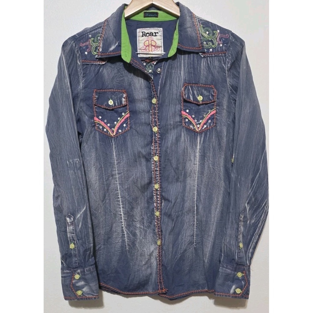ROAR Button Up Blue Fade Cotton Embroidered Jeweled Cross‎ Pockets Cowgirl Sz L